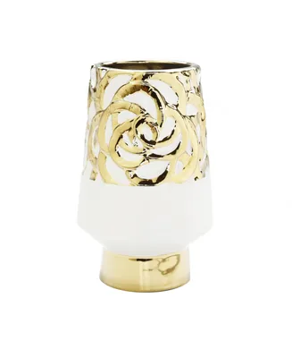 11" H White Ceramic Vase with Gold-Tone Design