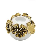 White Ceramic Candle Holder Gold-Tone Flower Design