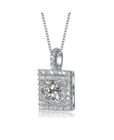 Rachel Glauber White Gold Plated with Princess Cut Cubic Zirconia Solitaire Double Halo Cluster Pendant Necklace