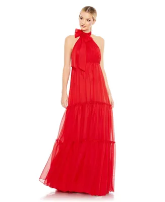 Women's Ieena Ruched Tiered High Neck Bow A Line Gown