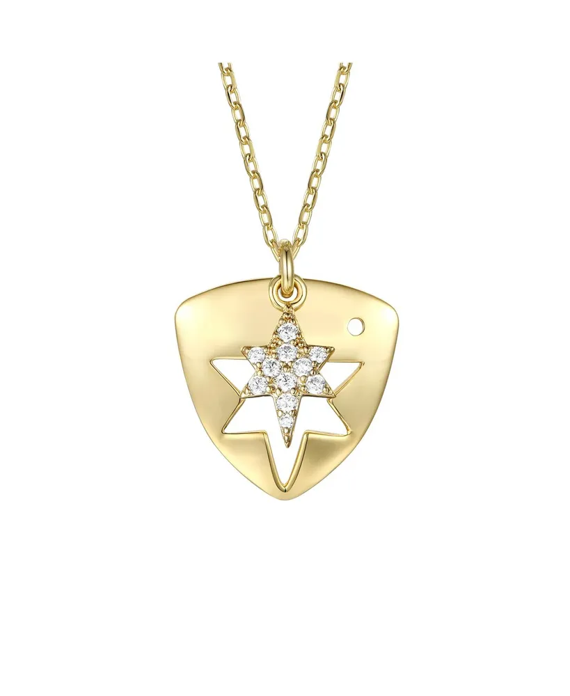 Rachel Glauber 14k Gold Plated with Cubic Zirconia Laser-Cut 6-Pointed Star Triangle Shield Double Pendant Charm Necklace