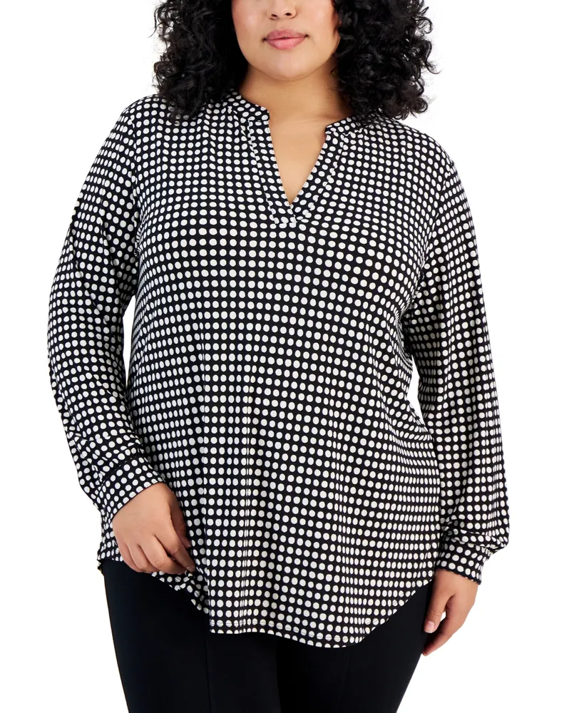 Anne Klein Plus Size Dot-Print Split-Neck Top