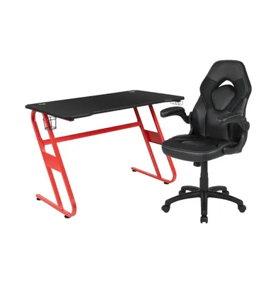 Emma+Oliver Gaming Desk And Racing Chair Set With Cup Holder Headphone Hook