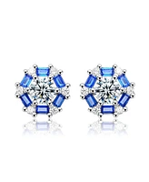 Genevive Sterling Silver With Round Baguette Cubic Zirconia Stud Earrings