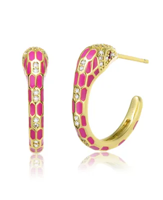 Rachel Glauber 14k Yellow Gold Plated with Cubic Zirconia Pink Enamel Python Snake C-Hoop Earrings