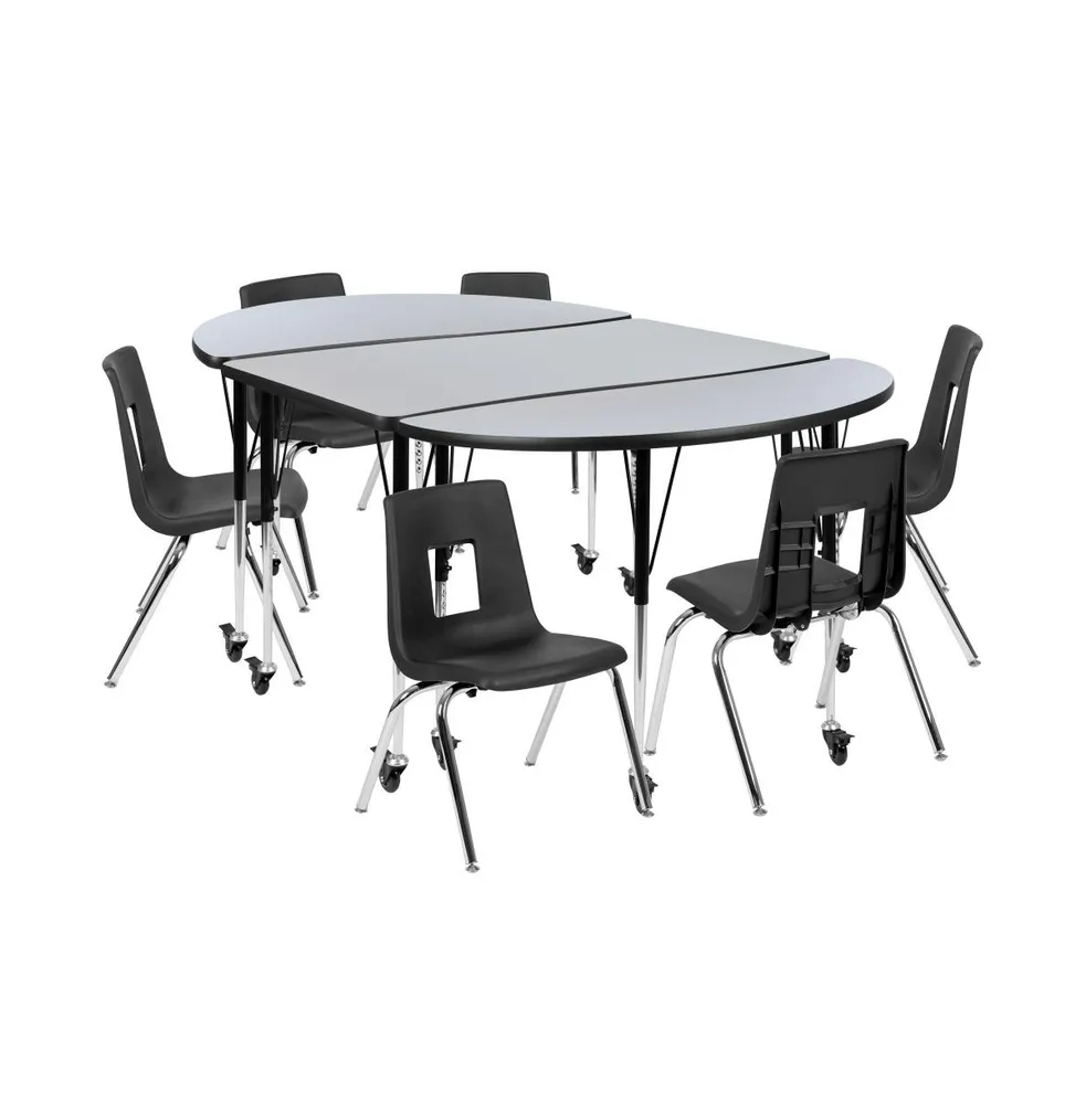 Emma+Oliver Mobile 76" Oval Wave Collaborative Laminate Activity Table Set With 16" Student Stack Chairs