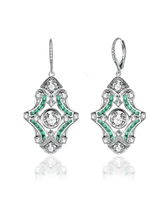 Genevive White Gold Plated with Emerald & Cubic Zirconia Art Deco Lever Back Earrings in Sterling Silver