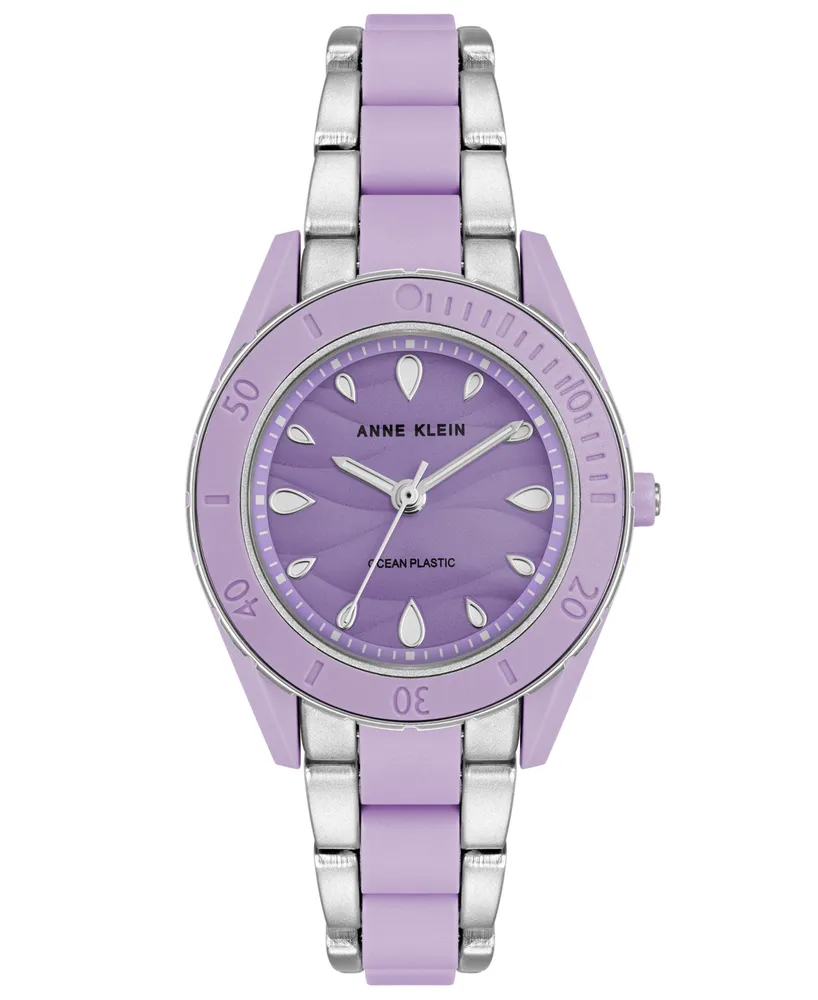 Anne Klein Women's Solar Silver-Tone and Lavender Oceanworks Plastic Watch, 32mm