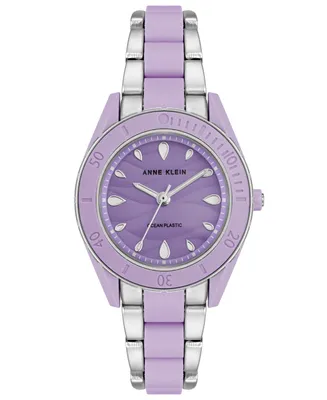 Anne Klein Women's Solar Silver-Tone and Lavender Oceanworks Plastic Watch, 32mm