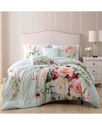 Bebejan Rose on Misty Green Bedding 100% Cotton 5-Piece Queen Size Reversible Comforter Set