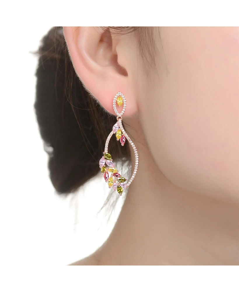 Genevive Rose Gold Plated Leaf Shaped Multicolor Cubic Zirconia Accent Dangle Earrings