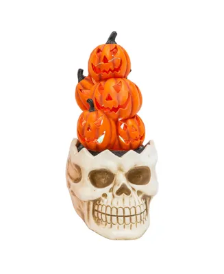 23" H Electric Lighted Magnesium Smoking Skull with Pumpkins on Top