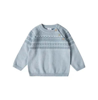 Stellou & Friends Toddler 100% Cotton Jacquard Design Long Sleeve Crew Neck Sweater w/ Shoulder Buttons, Unisex