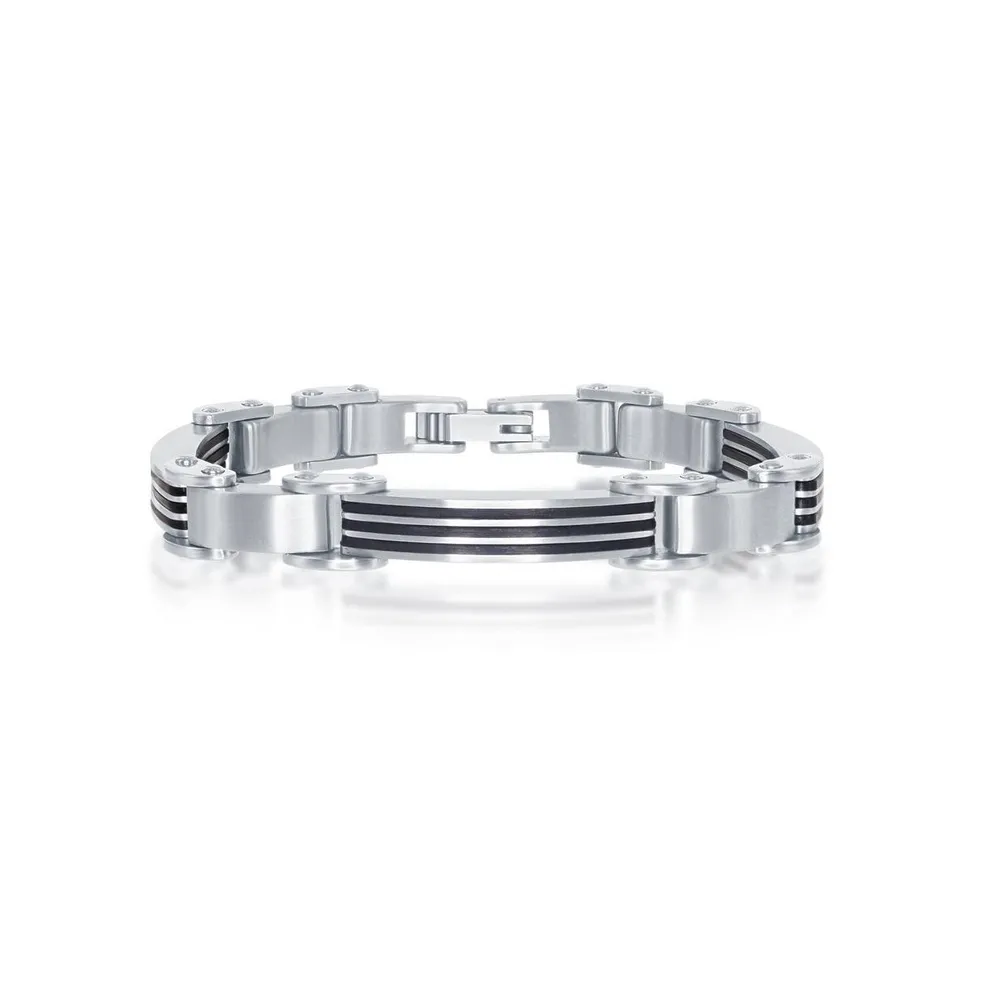 Metallo Mens Stainless Steel & Rubber Bar-Look Bracelet