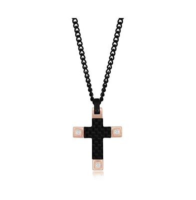 Men's Stainless Steel Black & Rose Gold Cz Cross Necklace
