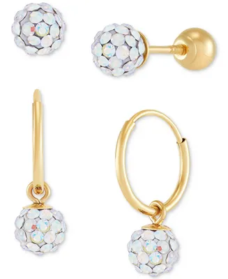 Children's 2-Pc Set Multicolor Crystal Reversible Stud & Dangle Hoop Earrings 14k Gold-Plated Sterling Silver