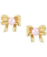 Children's Pink Cultured Freshwater Pearl (3mm) Bow Stud Earrings in 14k Gold