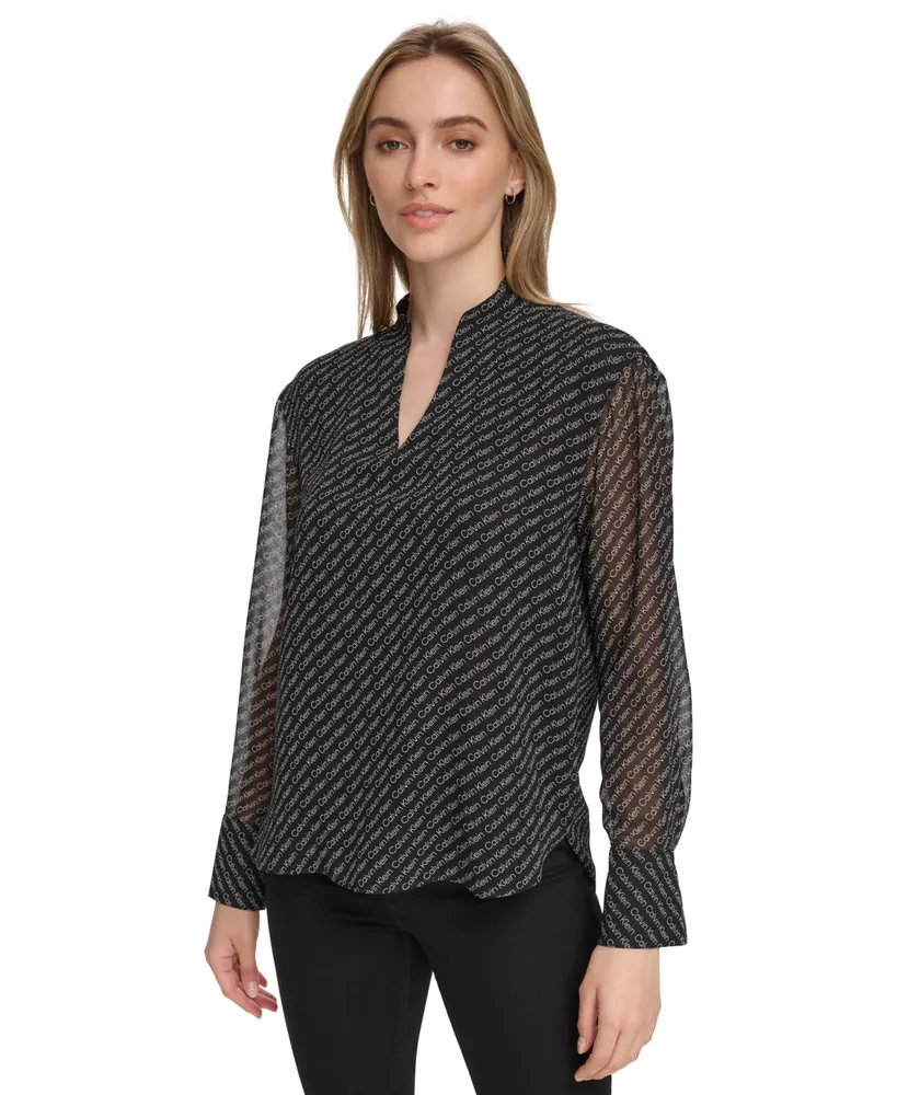 Calvin Klein Women's Chiffon Sleeve Logo Print V-Neck Blouse