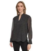 Calvin Klein Women's Chiffon Sleeve Logo Print V-Neck Blouse