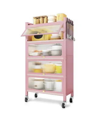 56.2" Tall Kitchen Storage Cabinet, 5 Tier Pantry Cabinet, 4 Door Accent Cabinet, Pink