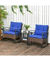 Outsunny 3 Piece Rocking Wicker Bistro Set, Outdoor Patio Furniture Set with two Porch Rocker Chairs, Cushions, Two-Tier Coffee Table for Garden, Back