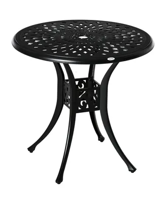 Outsunny 30" Round Patio Dining Table with Umbrella Hole, Antique Cast Aluminum Outdoor Bistro Table Only, Black