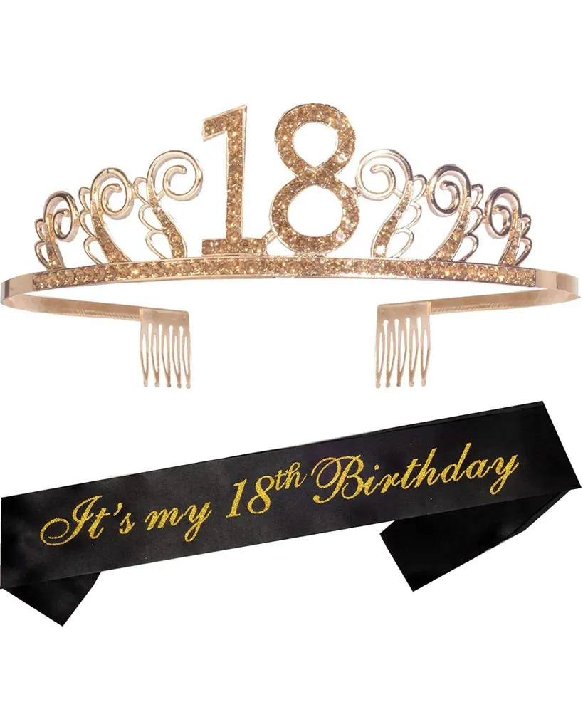 18th Birthday Sash and Tiara for Women - Fabulous Set: Glitter Sash + Waves Rhinestone Premium Metal Tiara