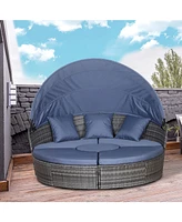 Outsunny 4pc Rattan Patio Furniture Set, Round Convertible Daybed or Sunbed, Adjustable Sun Canopy, Sectional Outdoor Sofa, 2 Chairs, Table, 3 Pillows