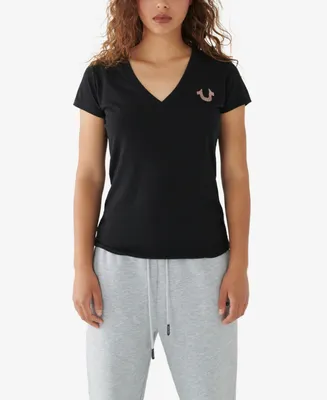 True Religion Women's Short Sleeve Arched Logo Slim V-neck T-shirt