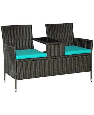 Outsunny Wicker Bench Table Combo, Rattan Double Chair, 2-Seater with Cushions & Tempered Glass Table in Armrest, Blue