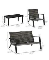 Outsunny 4pcs Outdoor Patio Furniture Set, 2 Plastic Rattan Chairs, 1 Pe Wicker Loveseat Sofa, 1 Center Coffee Table, Soft Cushions for Backyard