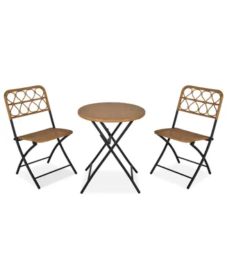 Outsunny 3 Pcs Rattan Wicker Bistro Set with Easy Folding, Hand Woven Rattan Coffee Table and Chairs for Outdoor Lawn, Pool, Balcony & Garden, Natural