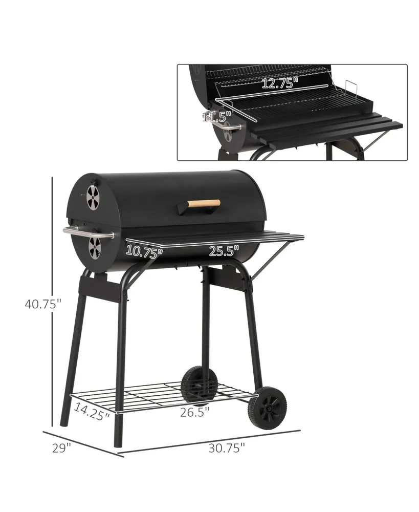 Outsunny 30" Portable Charcoal Bbq Grill Carbon Steel Outdoor Barbecue with Adjustable Charcoal Rack, Storage Shelf, Wheel, for Garden Camping Picnic