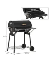Outsunny 30" Portable Charcoal Bbq Grill Carbon Steel Outdoor Barbecue with Adjustable Charcoal Rack, Storage Shelf, Wheel, for Garden Camping Picnic