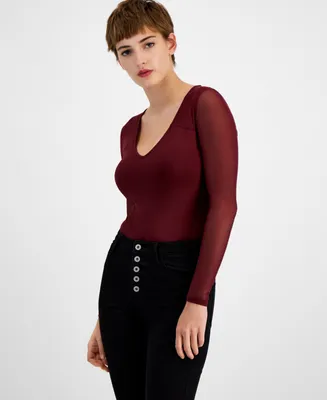 Bar Iii Women's Long-Sleeve V-Neck Mesh Bodysuit, Created for Macy's