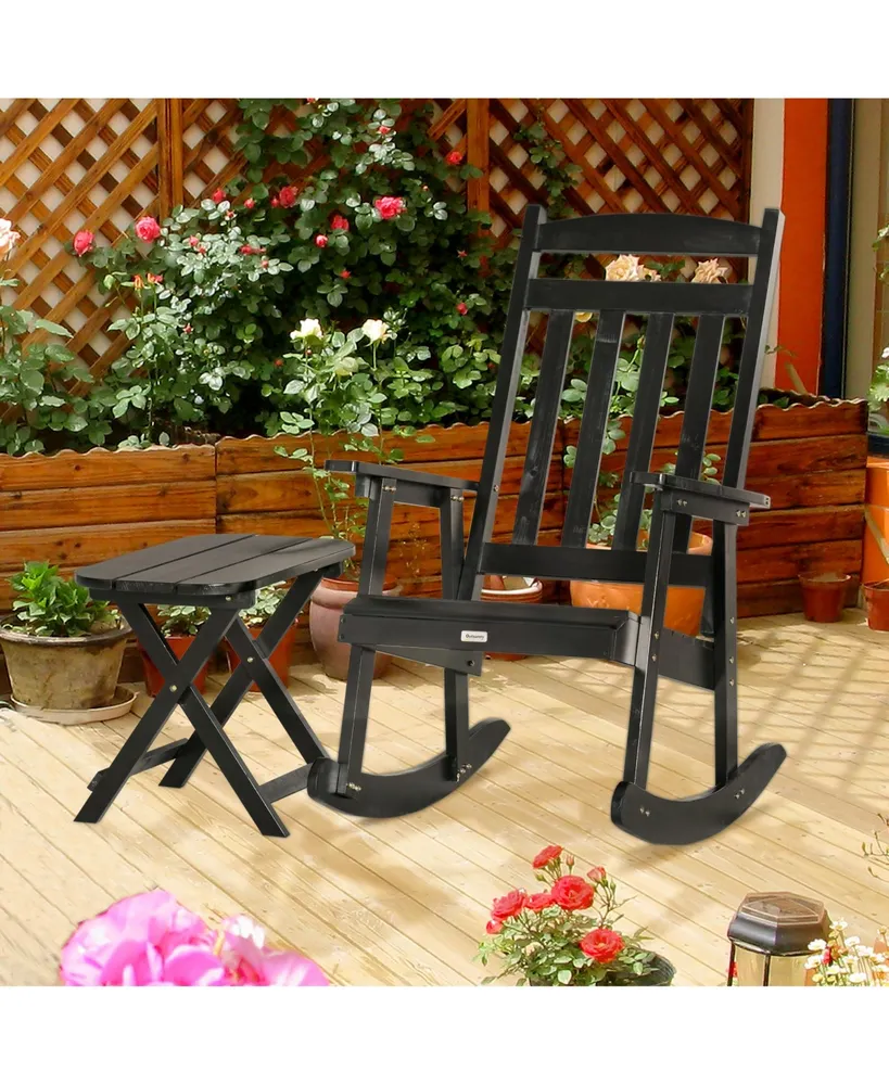 Outsunny Front Porch Rocking Chair & Table, Outdoor Wooden Patio Rocker & Foldable Table for Backyard, Garden