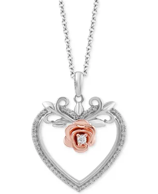 Enchanted Disney Fine Jewelry Diamond Belle Rose & Heart Pendant Necklace (1/6 ct. t.w.) in Sterling Silver & 14K Rose Gold-Plate, 16" + 2" extender