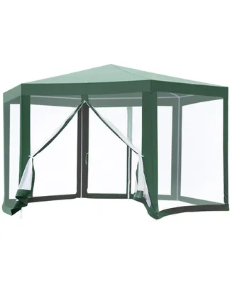 Outsunny Outdoor Party Tent Hexagon Sun Shelter Canopy with Protective Mesh Screen Walls & Proper Sun Protection