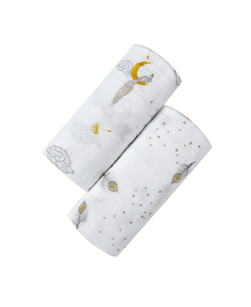 Gots Certified Organic Muslin Swaddle - Two-Pack Gift Set, Sweet Dreams (Magical Feathers + Enchanted Peacock)