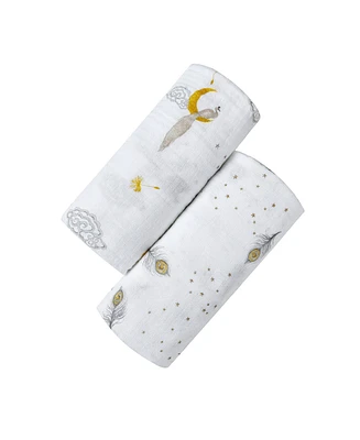 Gots Certified Organic Muslin Swaddle - Two-Pack Gift Set, Sweet Dreams (Magical Feathers + Enchanted Peacock)