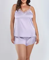 iCollection Plus Clara Satin 2 Piece Camisole with Eyelash Lace Pajama Set - Light