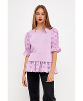 English Factory Women's Eyelet Mixed Media Knit Top