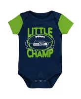 Newborn and Infant Boys and Girls College Navy, Neon Green Seattle Seahawks Little Champ Three-Piece Bodysuit Bib and Booties Set