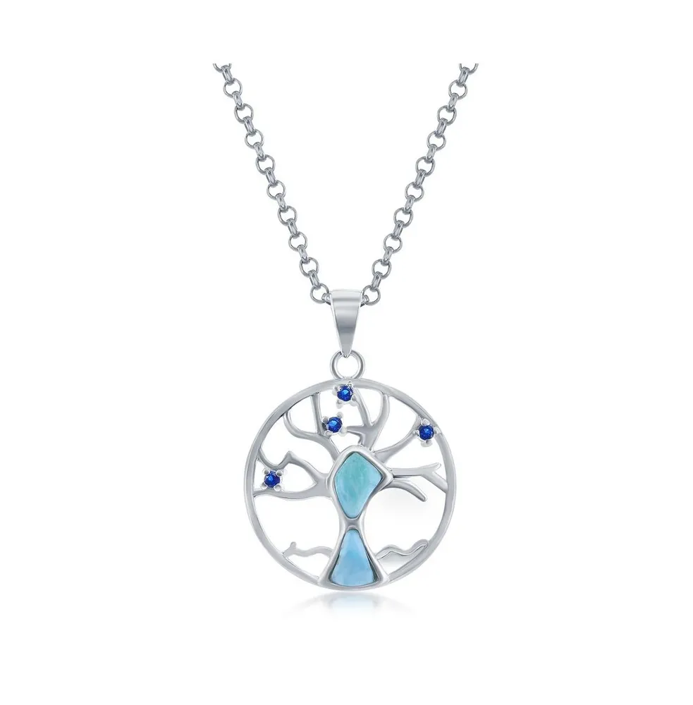 Sterling Silver Larimar & Cz Tree of Life Necklace