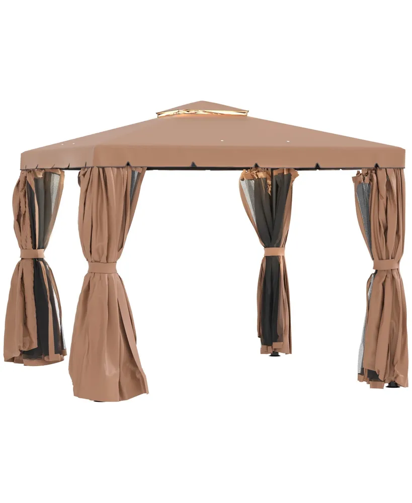 Outsunny 10' x 10' Patio Gazebo Outdoor Canopy Shelter with Double Vented Roof, Netting and Curtains for Garden, Lawn, Backyard and Deck, Brown