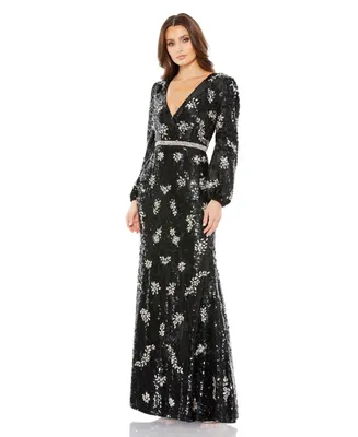 Women's Embellished Wrap Over Bishop Sleeve Gown