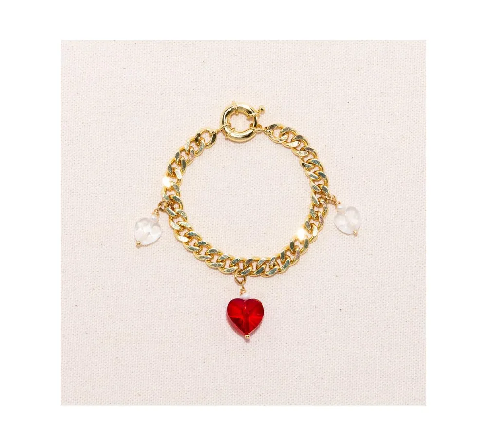 Joey Baby 18K Gold Plated Freshwater Pearls Chunky Chain with Glass Red Heart Charm