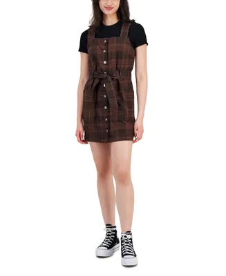 Tinseltown Juniors' Plaid Belted Overalls Dress