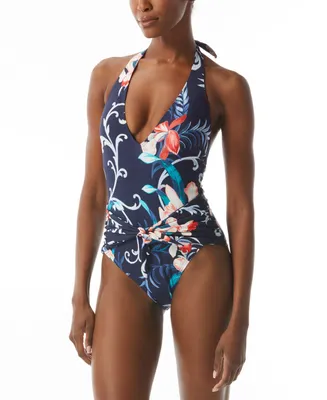 Carmen Marc Valvo Women's Floral-Print V-Neck Halter One-Piece Swimsuit