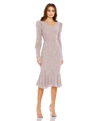 Women's Sequined V Neck Illusion Long Sleeve Trumpet Dress